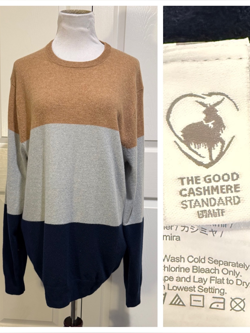 J.Crew 100% Cashmere Colorblock Crewneck Sweater (Camel / Heather Grey / Navy)